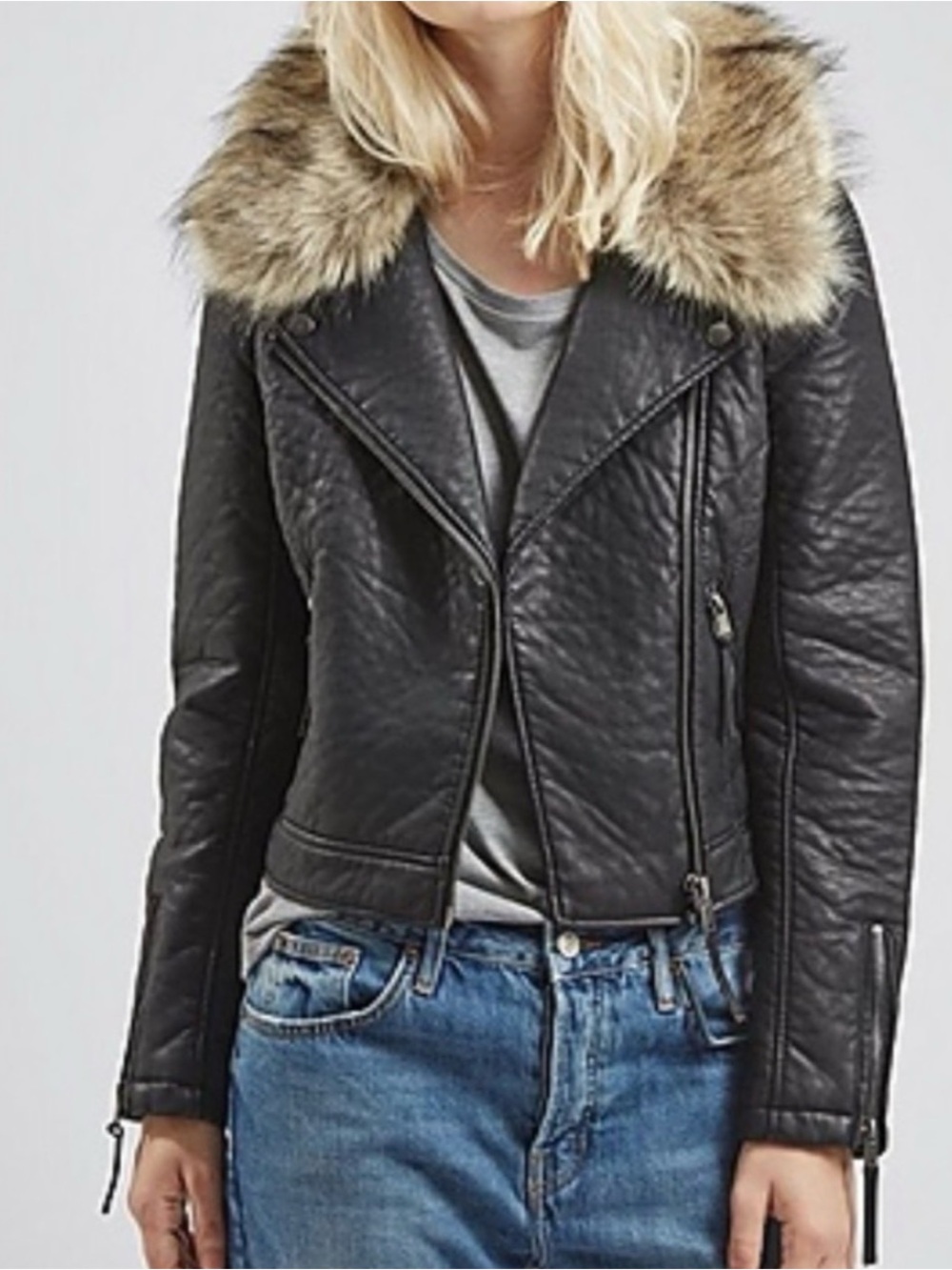 Topshop Black Faux Leather Bomber Jacket with Tan Faux Fur Collar